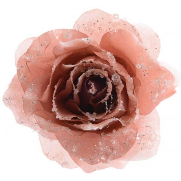 Χριστουγεννιάτικο Λουλούδι Τριαντάφυλλο με Κλιπ, Ροζ με Στρας (14cm)